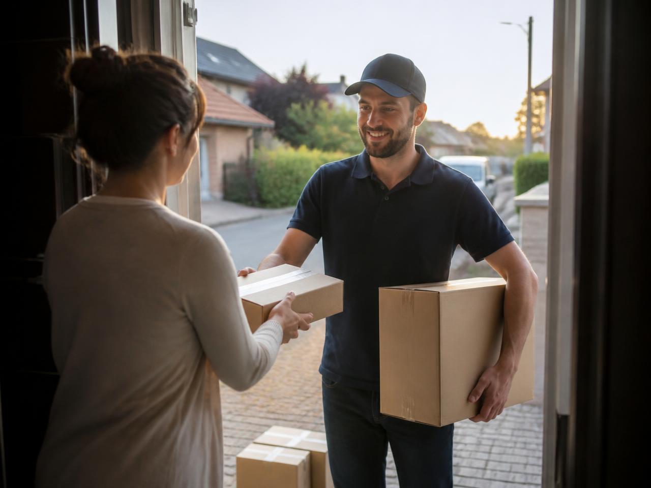 Un agent Kolivo récupère les cartons d'une cliente devant sa maison